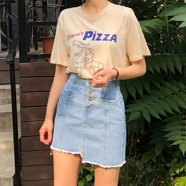 피자 프린팅 반팔 티셔츠(화이트/베이지)