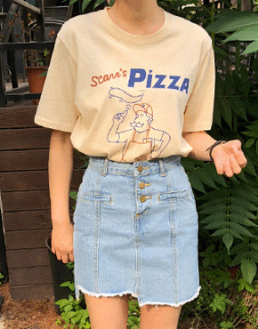 피자 프린팅 반팔 티셔츠(화이트/베이지)
